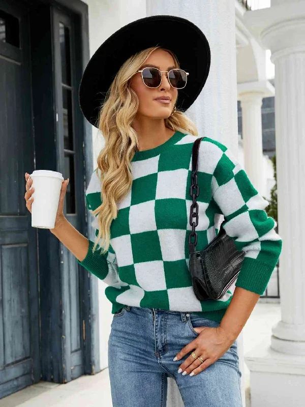 Checkered Round Neck SweaterTasseled Knit Tops