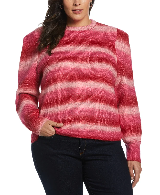 Plus Size Ombre Stripe Puff Sleeve SweaterLarge women's cropped tops