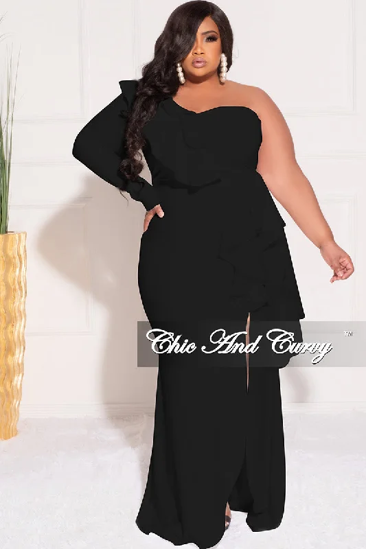 Final Sale Plus Size One Sided Ruffle Gown with Front Slit in BlackWomen's party tops