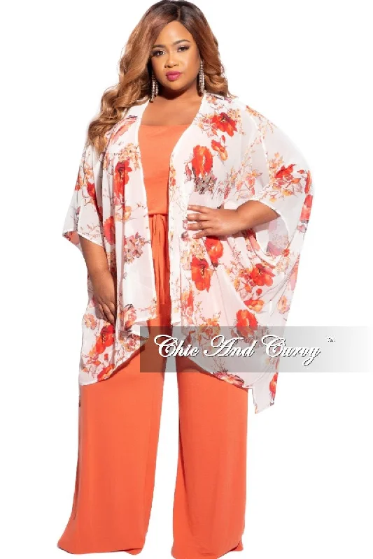 Final Sale Plus Size 3/4 Sleeve Chiffon Duster in Ivory/Red & Orange Floral PrintWomen's home tops