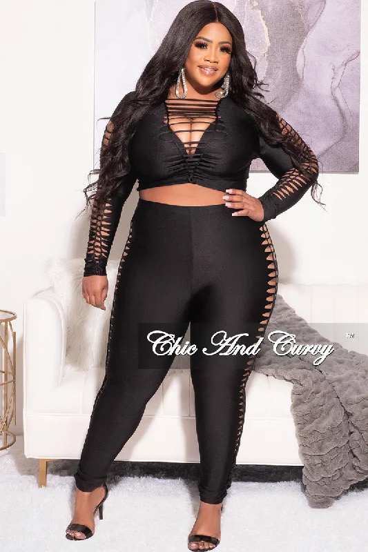 Final Sale Plus Size 2pc Cutout Design Top and Pants in Shiny BlackLarge women's zipper tops