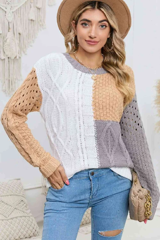 Cable-Knit Openwork Round Neck Color Block SweaterLogo Knit Tops