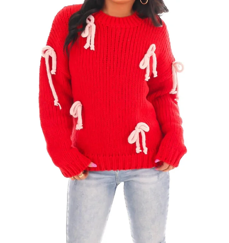 Knot Your Average Bow Sweater In RedSheer Knit Tops