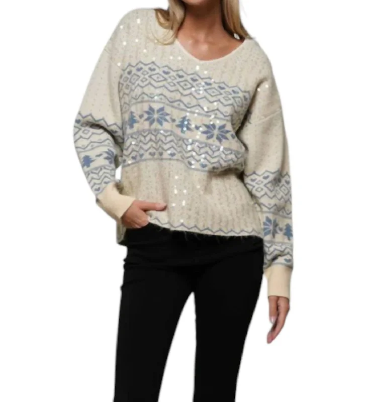 V-Neck Christmas Sweater In BeigeAcrylic Knit Tops