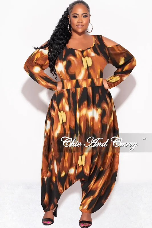 Final Sale Plus Size Cold Shoulder Harem Jumpsuit in Brown Multi-PrintWomen's affordable tops