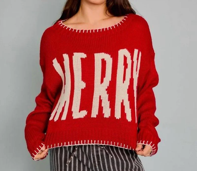 Merry Boat Neck Crop Sweater In RedBeaded Knit Tops