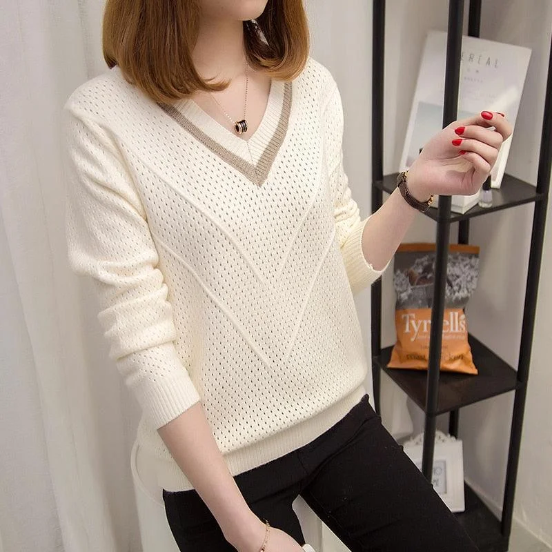 Chic Women's V-neck  Sweater - Head Loose - New Fashion Long Sleeved Knit Women's Top (TB8C)(F23)Asymmetrical Knit Tops