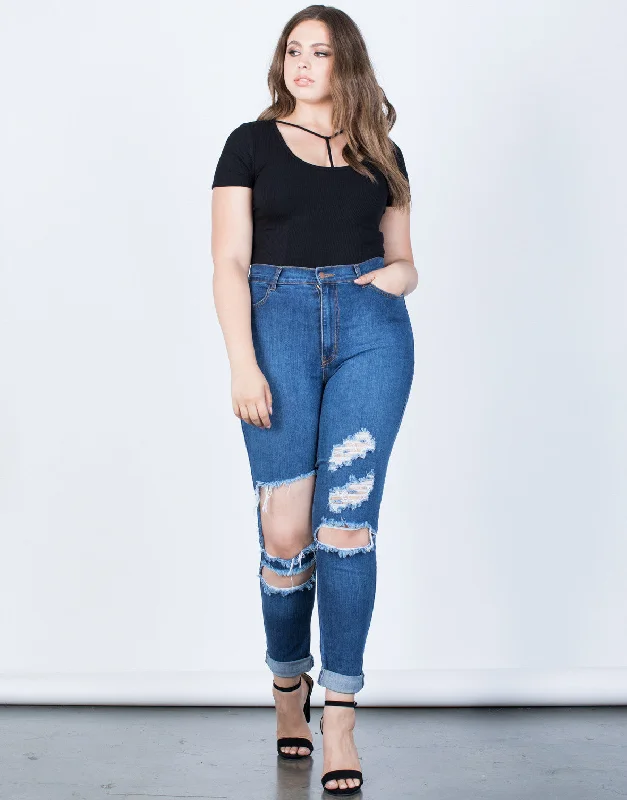 Plus Size High Waisted Cuffed Denim JeansPlus size women's street style tops