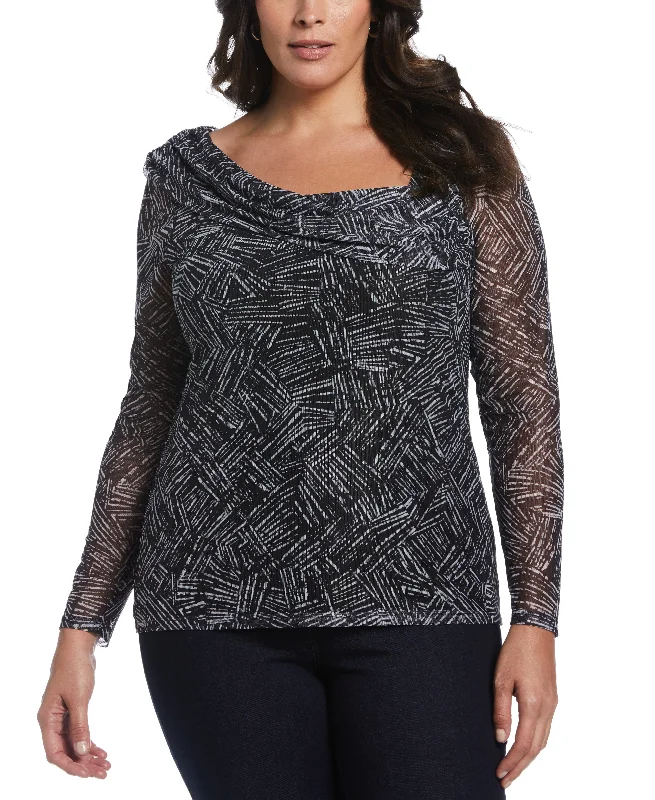 Plus Size Printed Asymmetrical Mesh TopPlus size women's printed tops