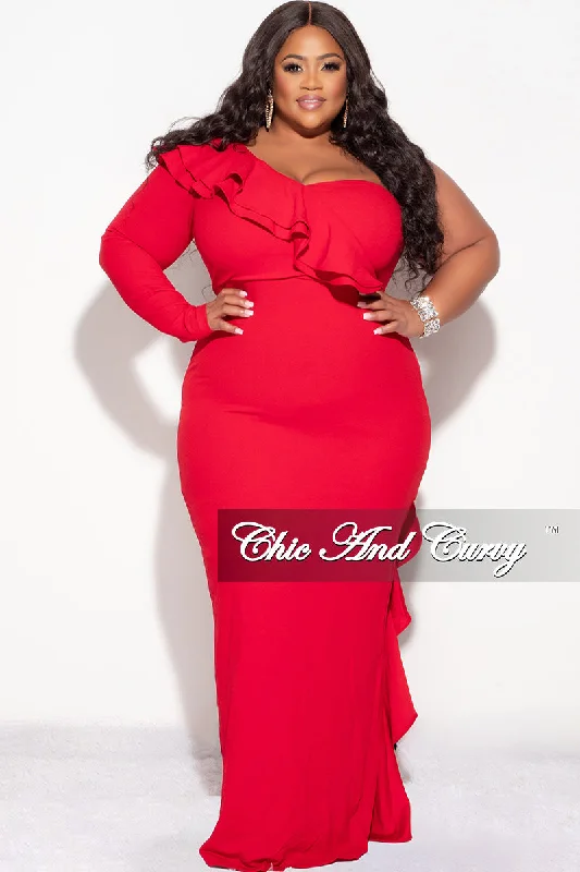 Final Sale Plus Size One Shoulder Ruffle Trim Gown in RedWomen's winter tops