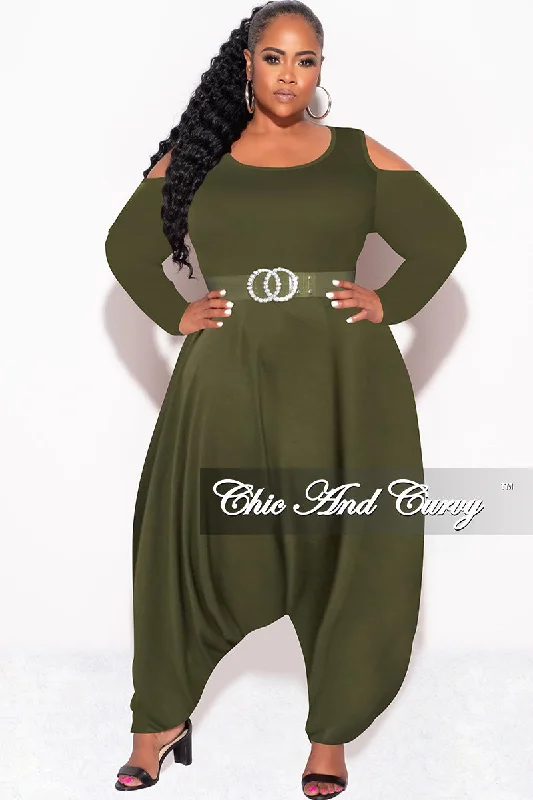 Final Sale Plus Size Cold Shoulder Harem Jumpsuit in OliveWomen's designer tops