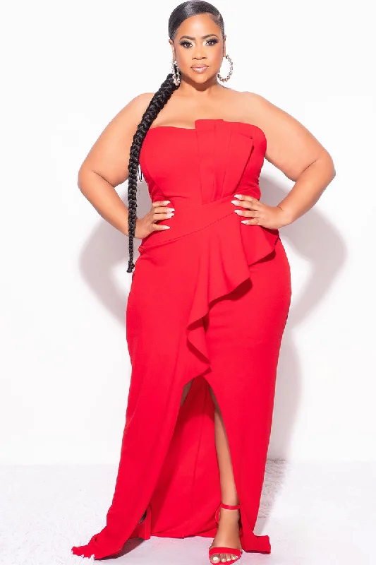 Final Sale Plus Size Strapless Pleated Ruffle Gown with Front Slit in RedWomen's beach tops