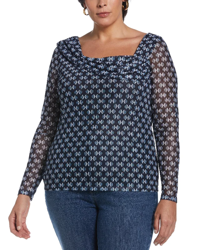 Plus Size Printed Mesh Drape Neck TopPlus size women's evening tops