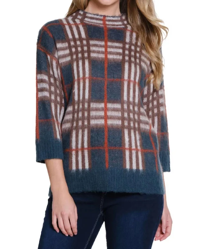 Plaid Mock Neck Sweater In Rich TealCollaborative Knit Tops