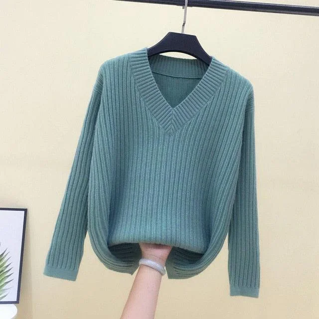 Trending Plus Size New Spring Women's Sweater - Fashion V Neck - Solid Color Tops (TP4)(TB8C)(F20)French Terry Knit Tops