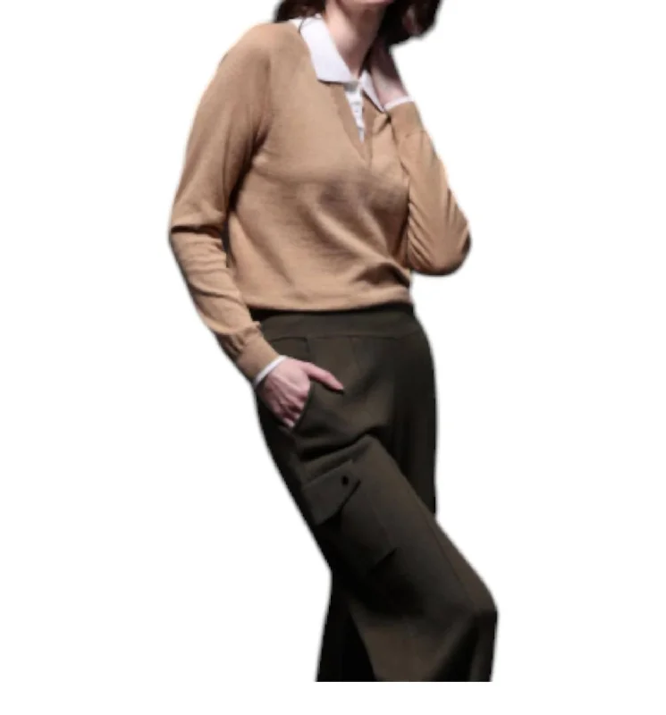 Cotton Cashmere Polo With Collar And Tipping In Camel/whiteFishing Knit Tops