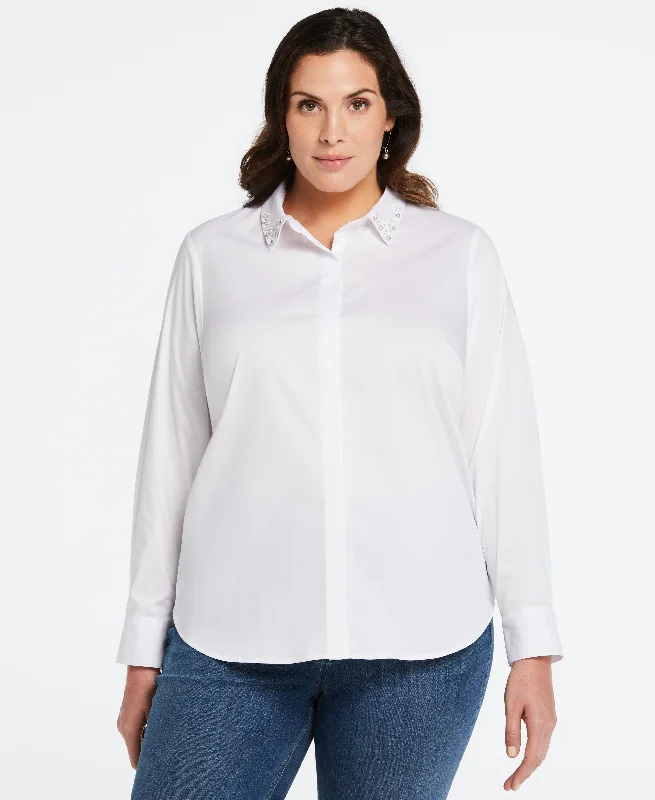 Plus Size Embellished Collar BlousePlus size women's ruffle tops