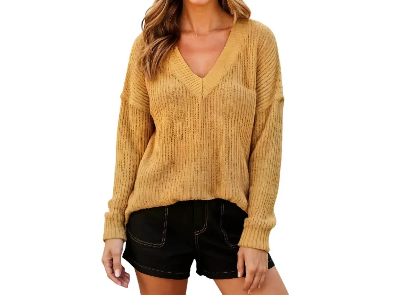 Oversized V-Neck Knit Sweater With Ribbed Details In BrownFall Knit Tops