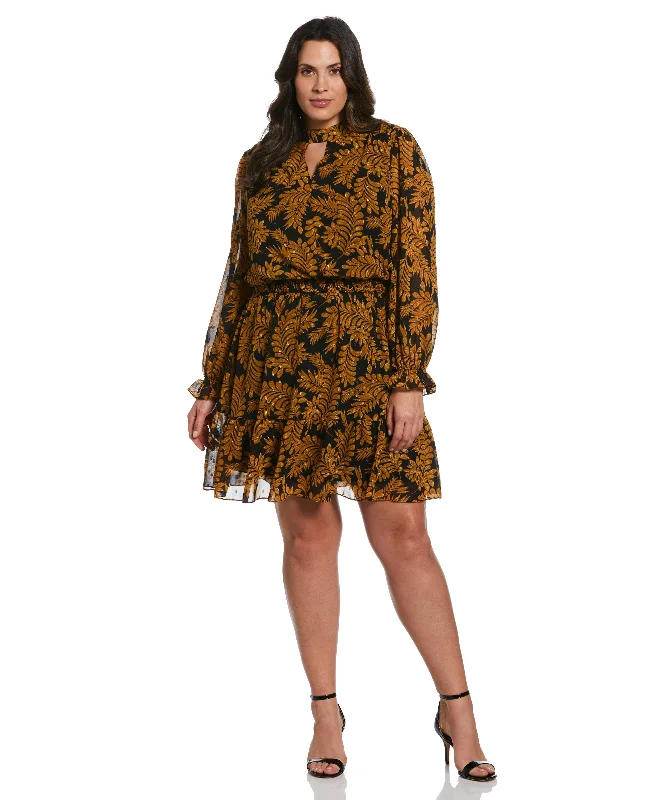 Plus Size Metallic Leaves Print DressWomen's summer tops