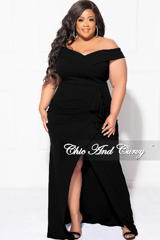 Final Sale Plus Size Off the Shoulder Gown with Front Slit and Side Ruffle in BlackWomen's party tops