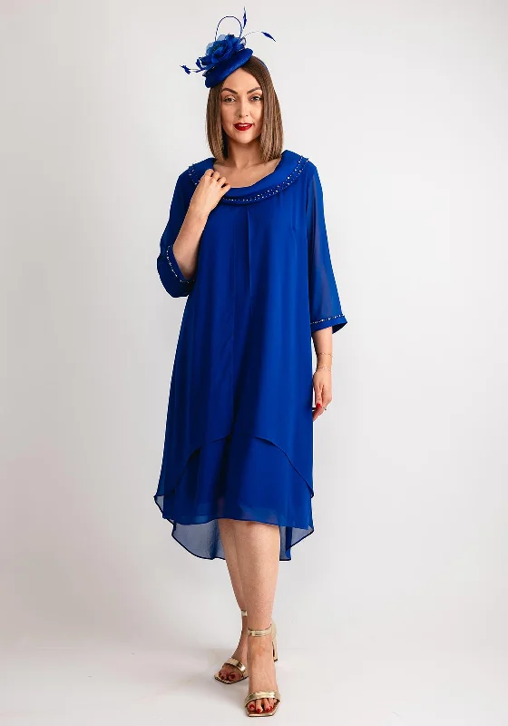 Lizabella Chiffon Layered Cowl Neck Dress, Royal Blue