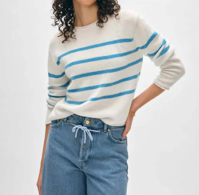 Cashmere Stripe Roll Trim Sweater In White/blueRunning Knit Tops