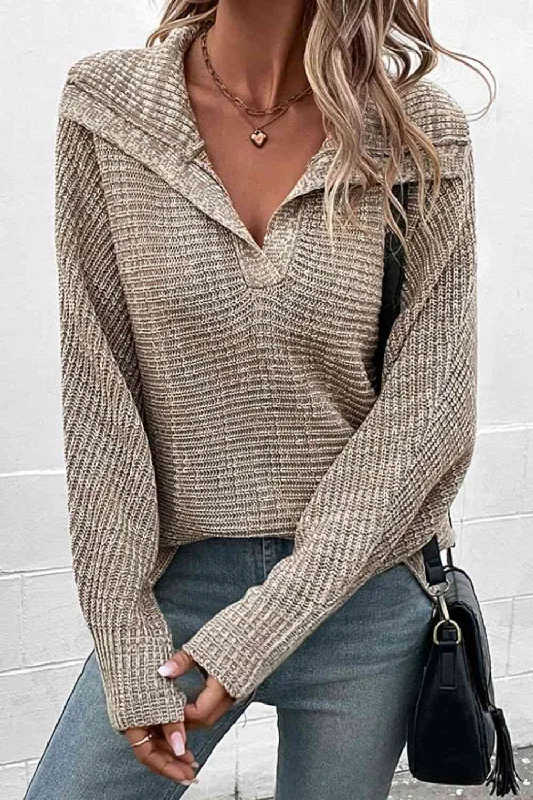 Heathered Horizontal-Ribbing Pullover SweaterButton-Up Knit Tops