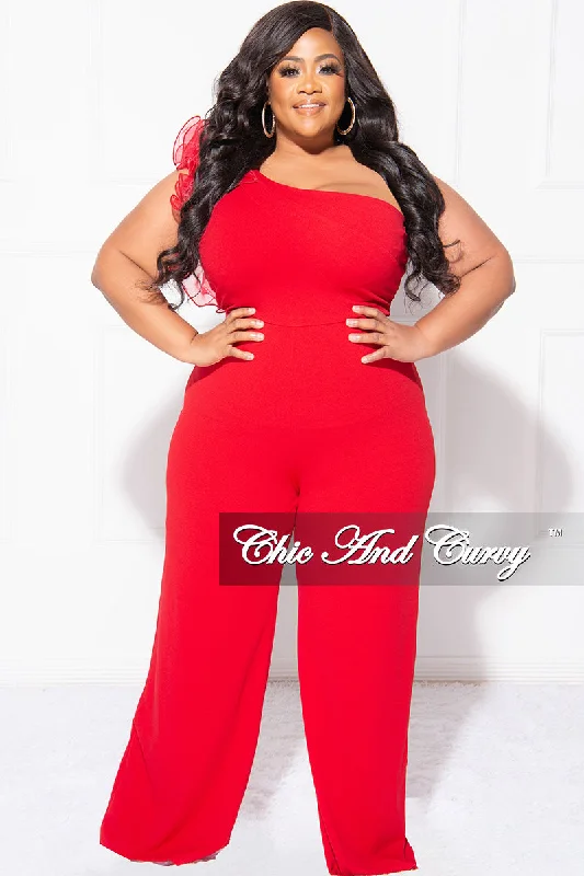 Final Sale Plus Size One Shoulder Ruffle Jumpsuit in RedWomen's summer tops