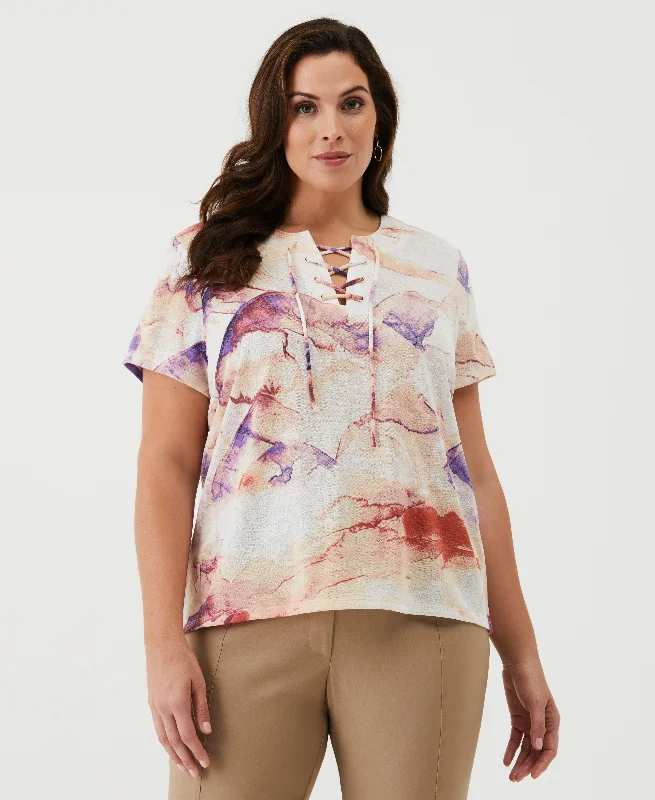 Plus Size Eco Watercolor Print Lace-Up TeeLarge women's wrinkle-free tops