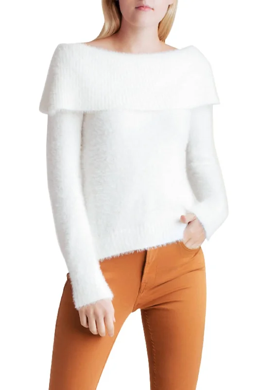 Fur Yarn Long Sleeve Off The Shoulder Sweater In WhiteFrench Terry Knit Tops