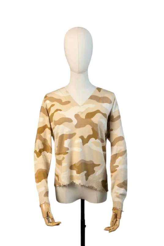 Women's Camo V Neck Sweater In OatUrban Knit Tops