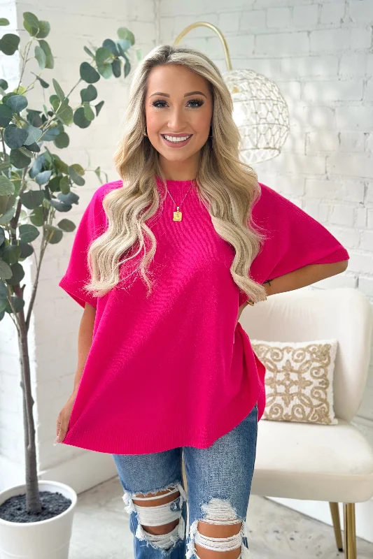 Hot Pink Round Neck Dolman SweaterUrban Knit Tops