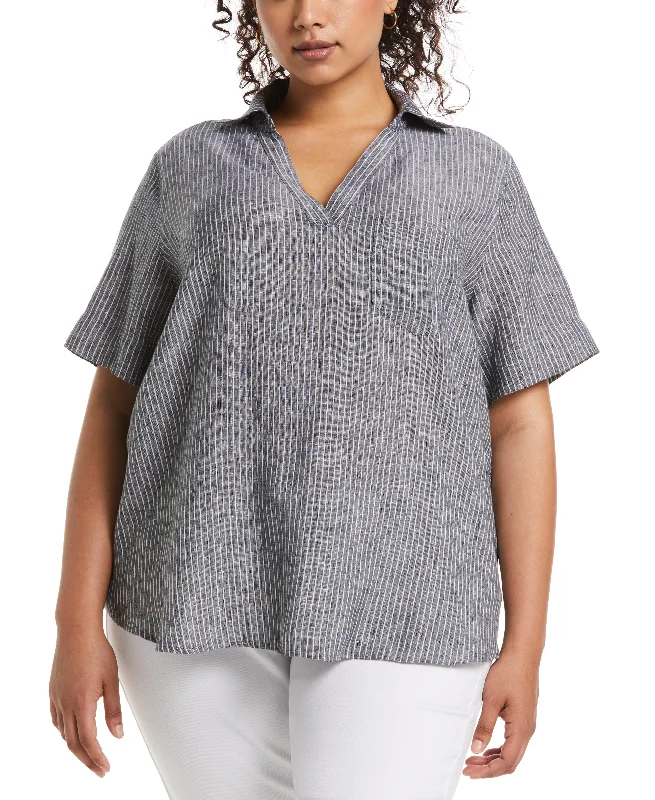 Plus Size Stripe Split Neck Linen TopLarge women's sweat-wicking tops