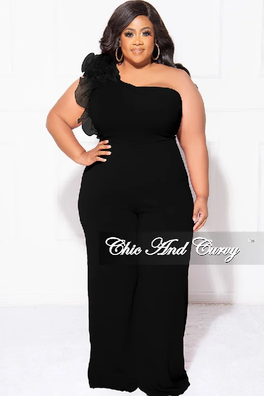 Final Sale Plus Size One Shoulder Organza Ruffle Jumpsuit in BlackLarge women's sweat-wicking tops