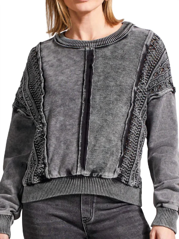 Mixed Media Crew Neck Pullover In BlackFleece Knit Tops