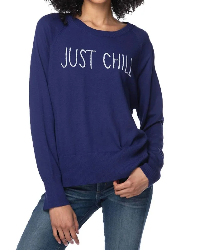 Just Chill Embroidered Sweater In BlueAsymmetrical Knit Tops