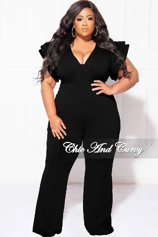 Final Sale Plus Size V-Neck Jumpsuit with Ruffle Sleeves in BlackLarge women's sun protection tops