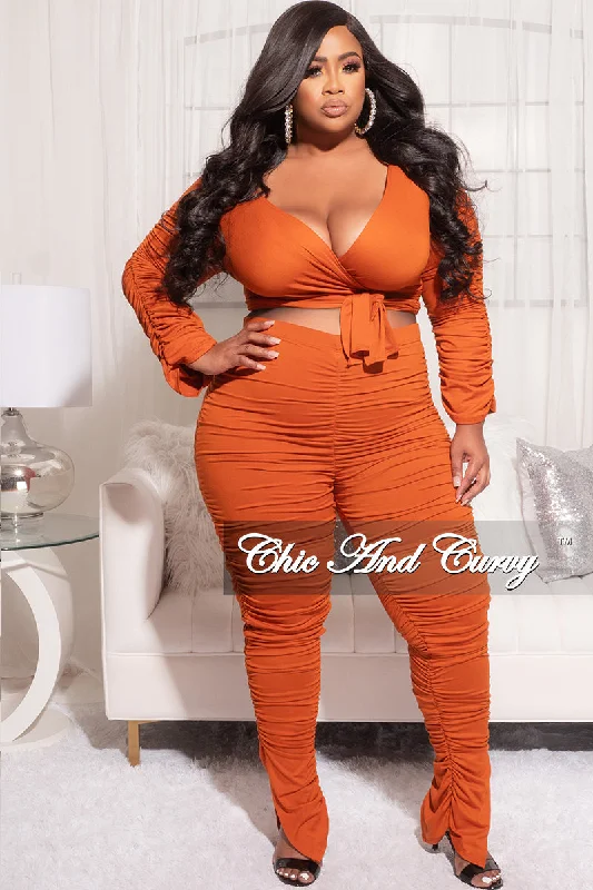 Final Sale Plus Size Ruched 2pc Faux Wrap Tie Top and Pants in Burnt OrangeWomen's commuter tops