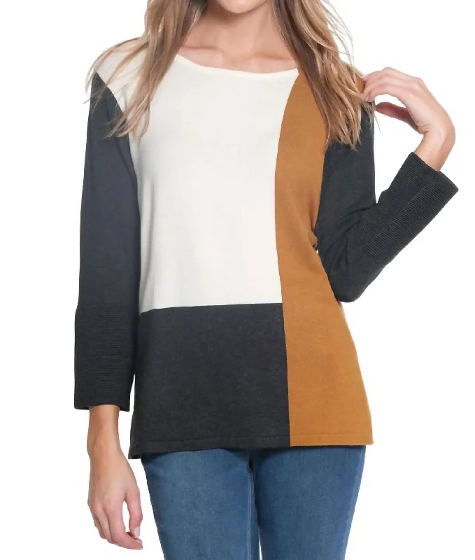 3/4 Sleeve Jewel Neck Color Block Solid Sweater In MultiHigh-Fashion Knit Tops