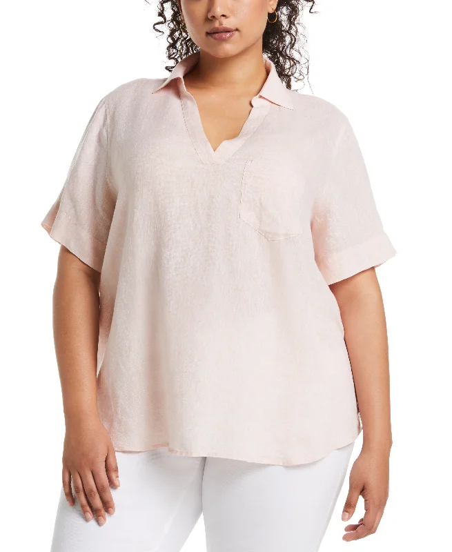 Plus Size Split Neck Linen TopLarge women's wrinkle-free tops