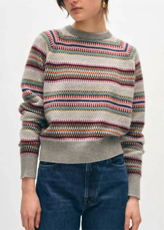 Cashmere Check Striped Crewneck Sweater In Grey Combo MultiCropped Knit Tops