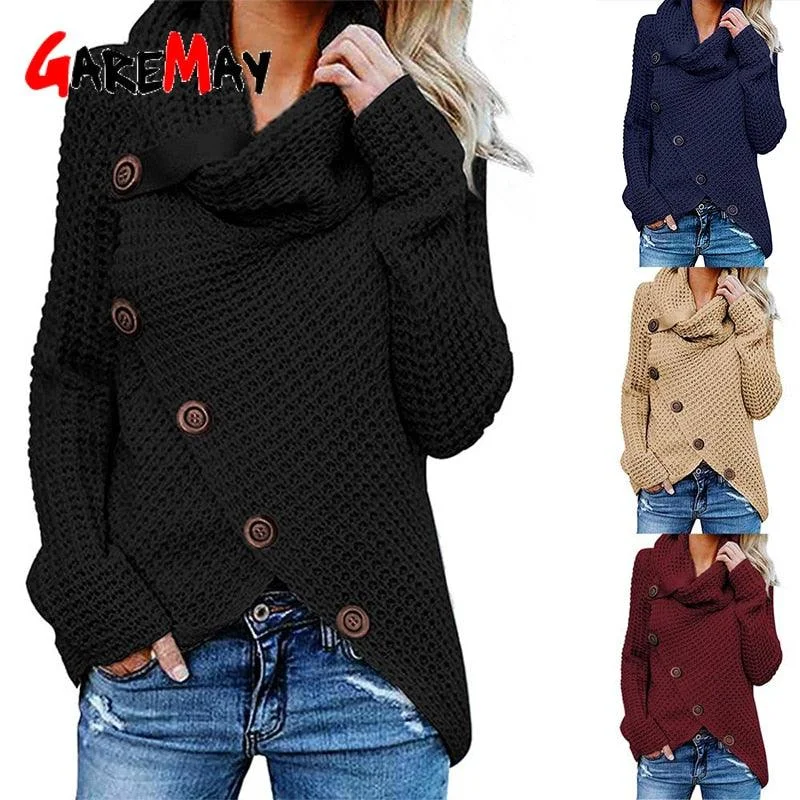 Turtleneck Women's Winter Sweater - Plus Size - Winter Warm Irregular Pullover - Thick Cute Female Sweater (D23)(D20)(TB8C)(TB8A)(TP3)Leather-Paneled Knit Tops