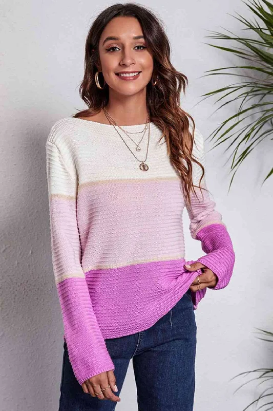 Color Block Horizontal Ribbing SweaterPainted Knit Tops