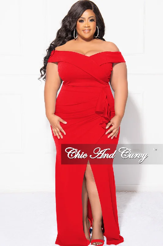 Final Sale Plus Size Off the Shoulder Gown with Front Slit and Side Ruffle in RedLarge women's waterproof tops