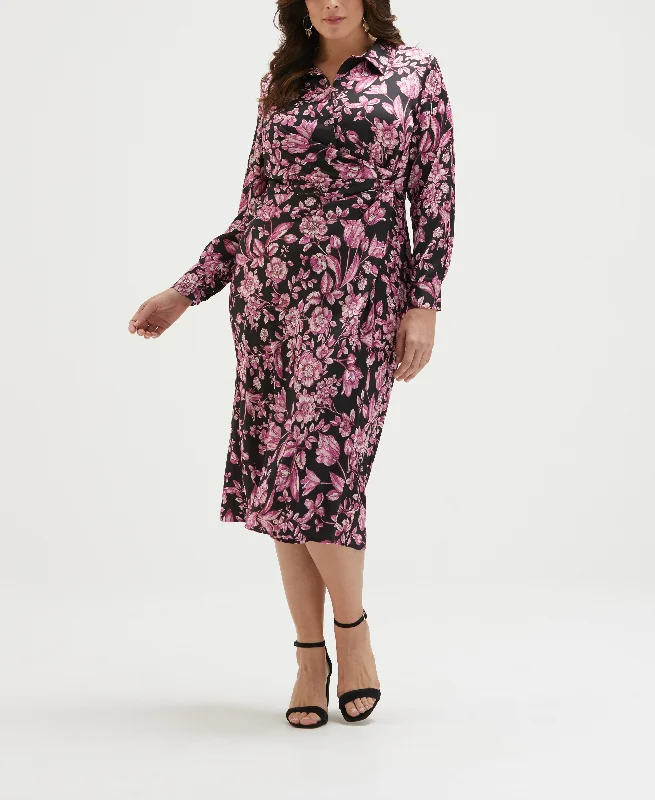 Plus Size Floral Print Gathered Popover Midi DressWomen's long sleeve tops