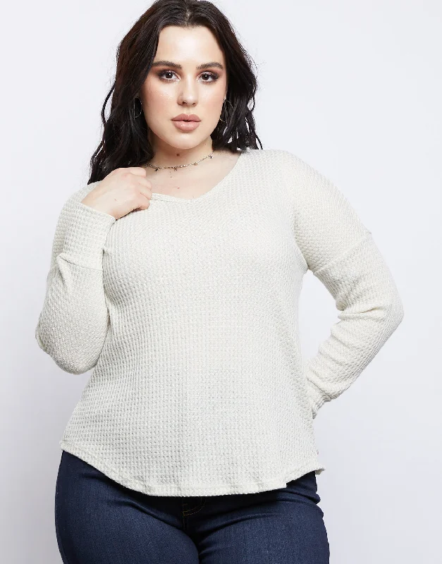 Plus Size Lace Em' Up Waffle Knit TopWomen's short sleeve tops