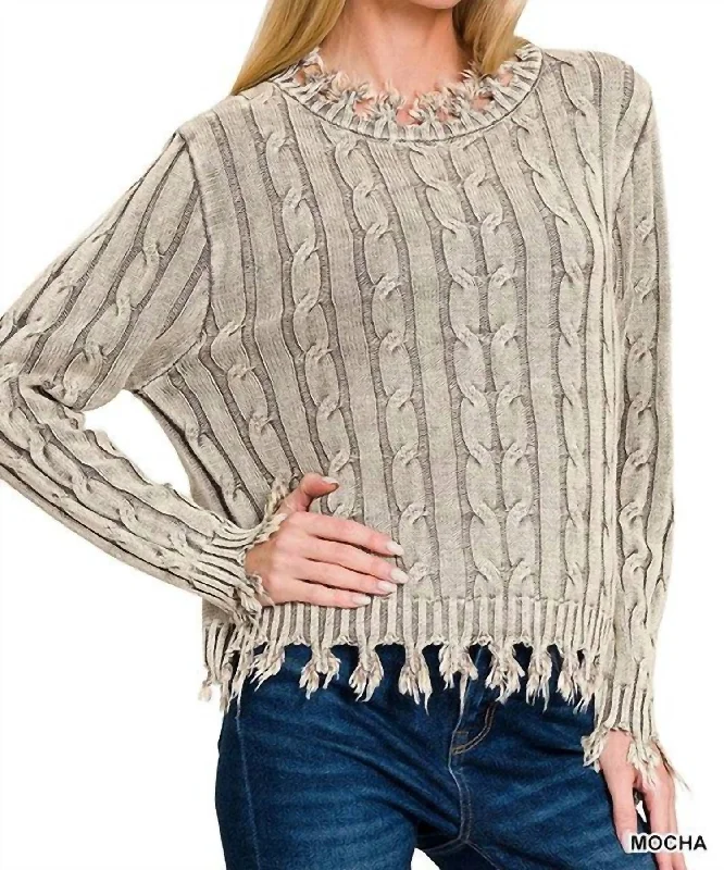 Bonnie Washed Cable Knit Fringe Sweater In MochaAlpaca Knit Tops