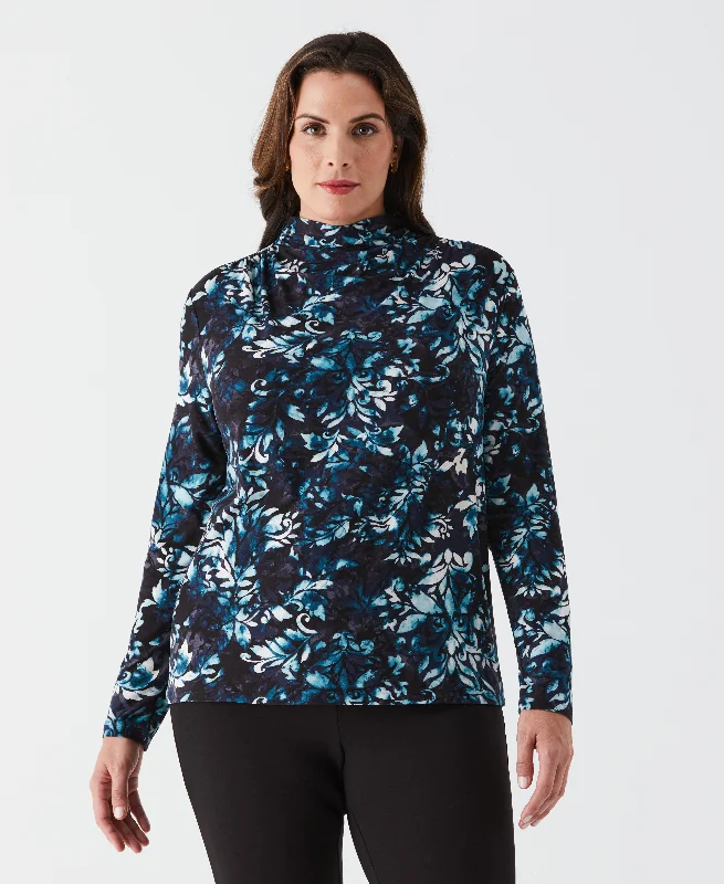 Plus Size Shadow Damask Print Ruched Mock Neck TopLarge women's oversize tops