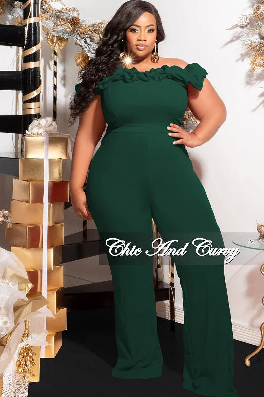 Final Sale Plus Size Ruffle Sleeve Jumpsuit in Hunter GreenLarge women's anti-static tops