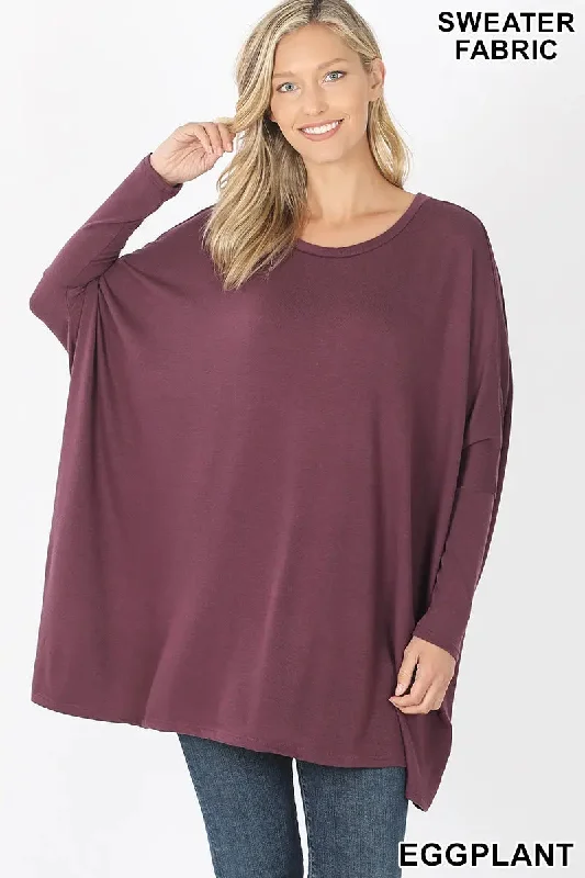 ZENANA SWEATER FABRIC OVERSIZE ROUND NECK PONCHO HT-2555AB  EGGPLANTFall Knit Tops